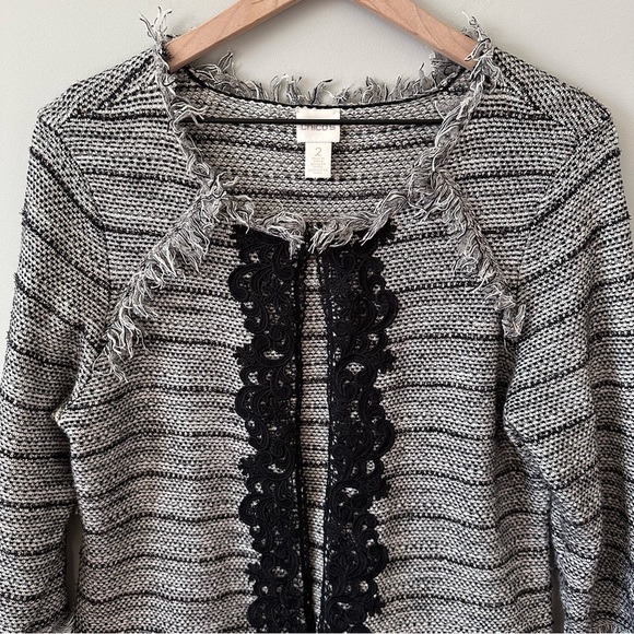 Chico’s Fringe Lace Wool Blend Cardigan Jacket Size 2 L Black & White Office - Picture 2 of 13
